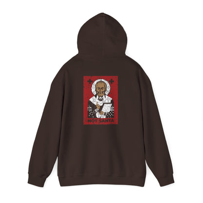 Dark chocolate St Nicholas of Myra | Definitely Not Santa hoodie with a Russian icon holding a book.