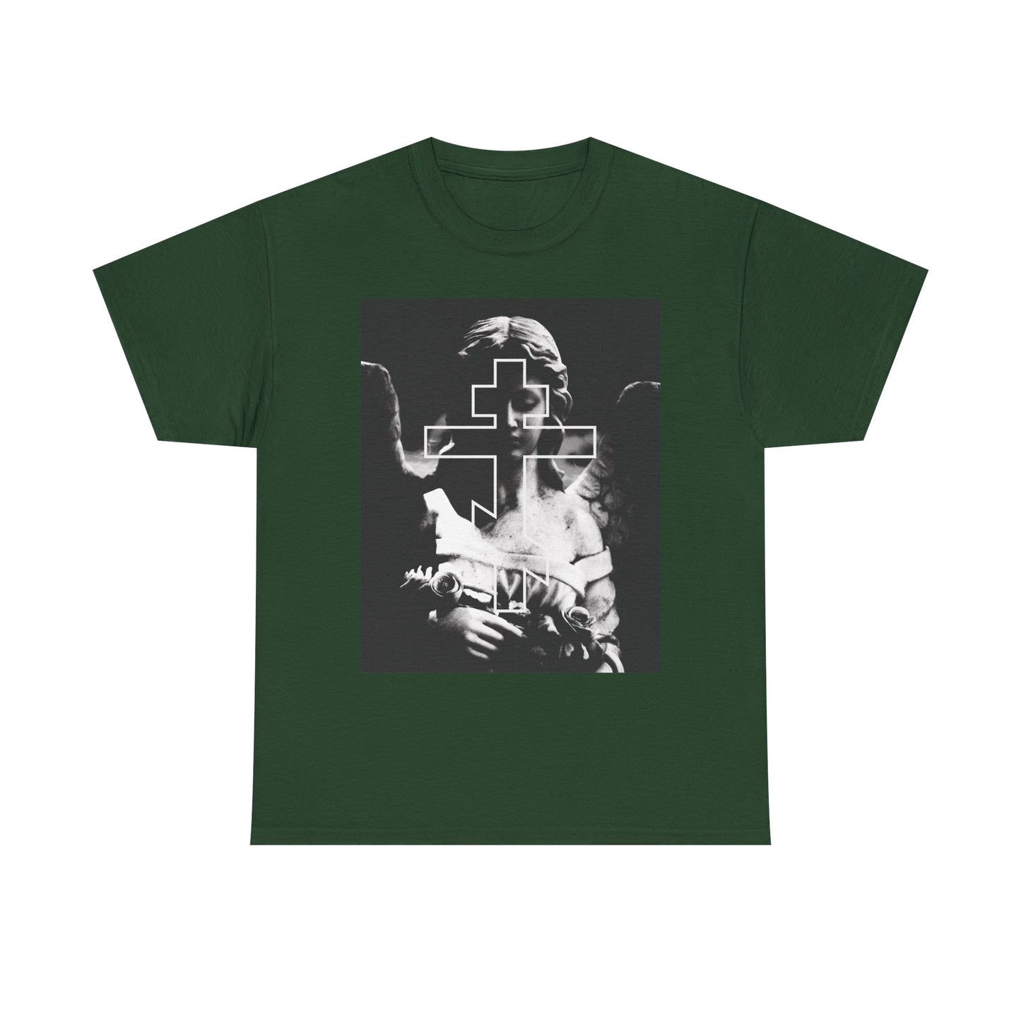 Forest green unisex tee with a grayscale gothic cemetery angel and Orthodox cross graphic. Features "Remember You Will Die" and "Memento Mori" for those drawn to meaningful, goth-inspired style. Midweight cotton for comfort.