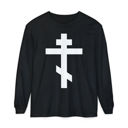 Black long-sleeve shirt with a large white Orthodox cross and the message: "May I never boast, except in the cross of our Lord Jesus Christ" (Gal 6:14).