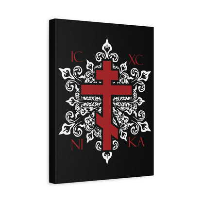 ICXC / NIKA Red Orthodox Cross on Ornate White Medieval Floral Design | Exclusive Best-Selling | Orthodox Christian Canvas Art
