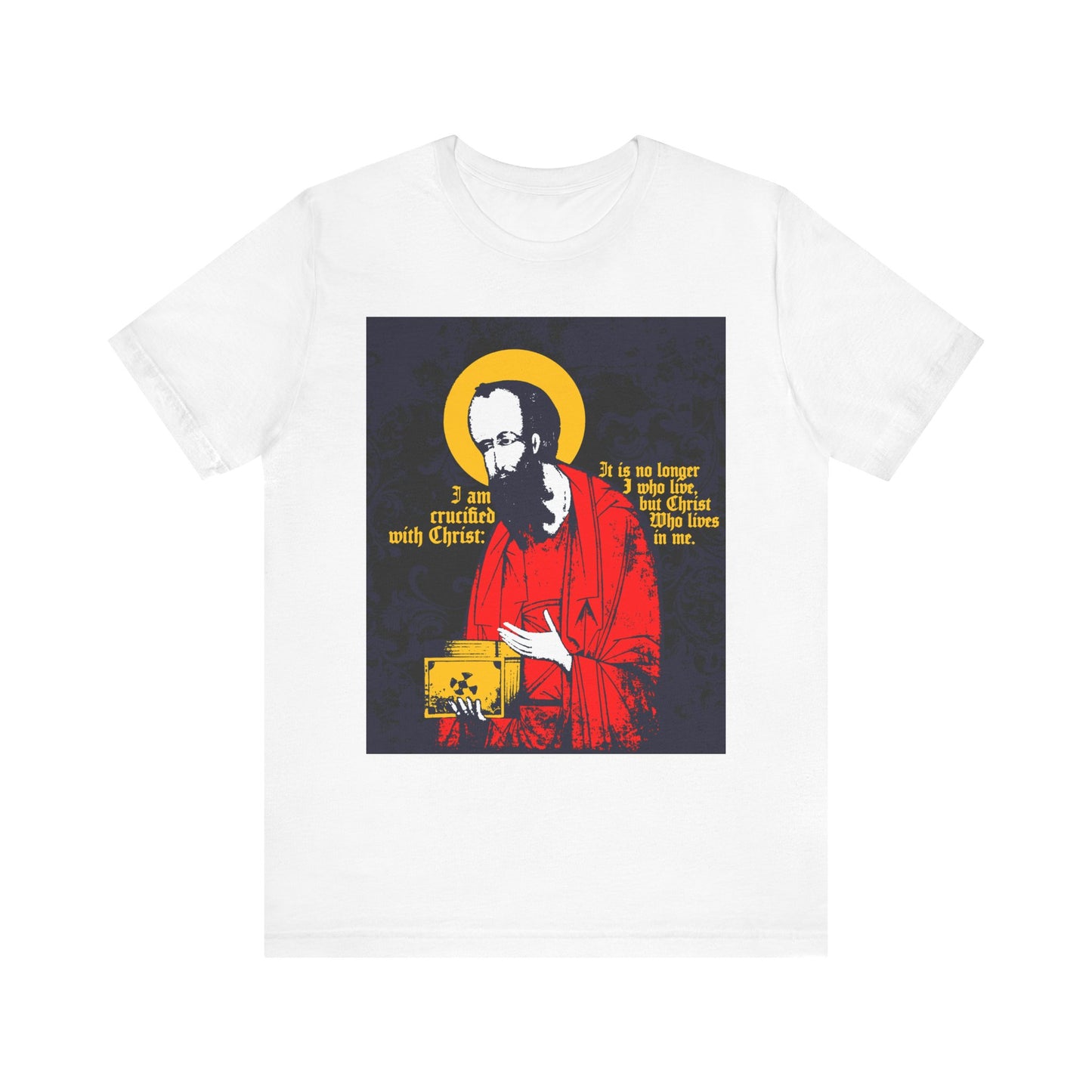This white “St Paul Holding Gospel Iconographic” unisex cotton tee features a striking illustration of Saint Paul and the words “I am crucified with Christ (Galatians 2:20)” in yellow and white—a bold Orthodox Christian reminder of new life in Christ.