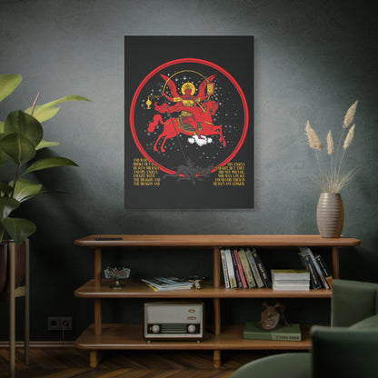 The "Archangel Michael of the Apocalypse Icono-Graphic" Christian canvas art, depicting the War in Heaven (Rev 12:7-9) and Satan cast out, hangs above a wooden shelf with books, plants, and a vintage radio.