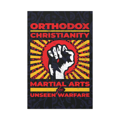Orthodox Christianity: Martial Arts for Unseen Warfare | NIKA Jesus Fist on Colorful Sunburst Design | Orthodox Christian Canvas Art