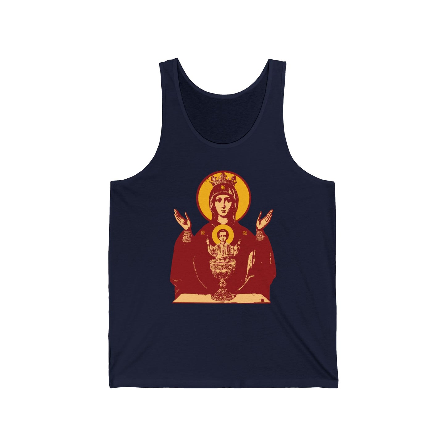 Navy tank top featuring the Holy Theotokos IconoGraphic of the Inexhaustible Chalice—Orthodox Christian design inspired by the Deliverer from Addictions and Conqueror of Passions.