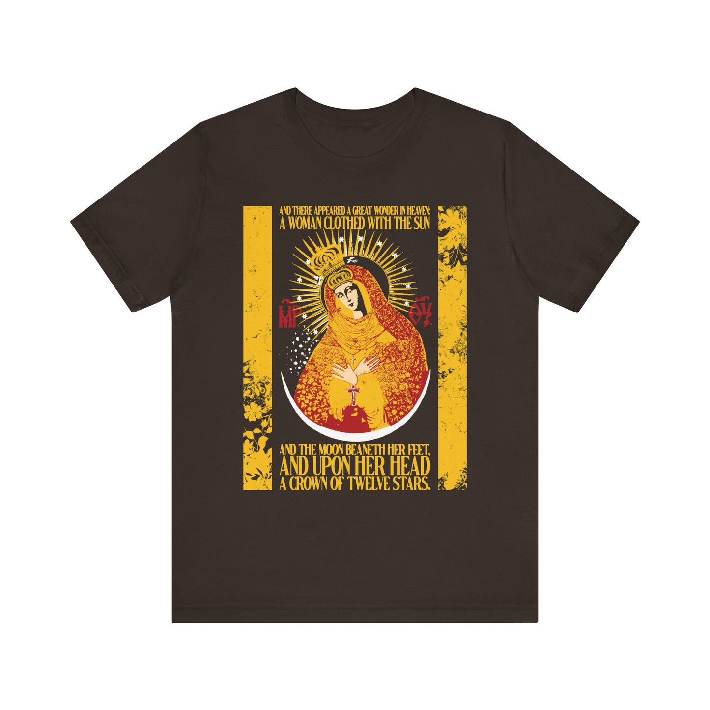 Brown lightweight cotton unisex t-shirt featuring a stylized gold floral image of Our Lady the Gate of Dawn—the Woman of the Apocalypse—crowned, with text inspired by Revelation 12:1.