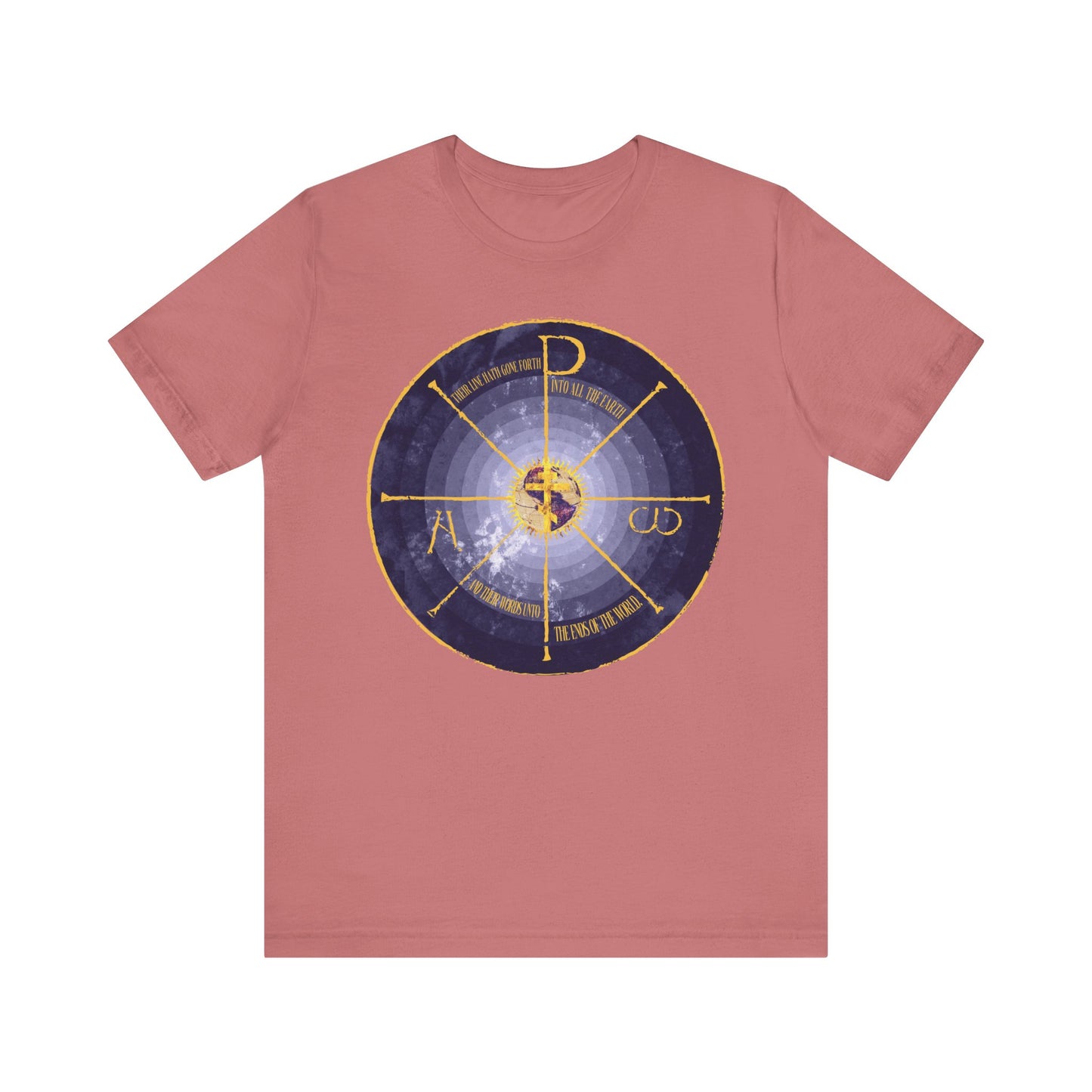 Mauve tee featuring a medieval-style blue and yellow Geocentric Cross & Chi Rho Christogram with Alpha & Omega. Lightweight cotton, Orthodox Christian unisex design.