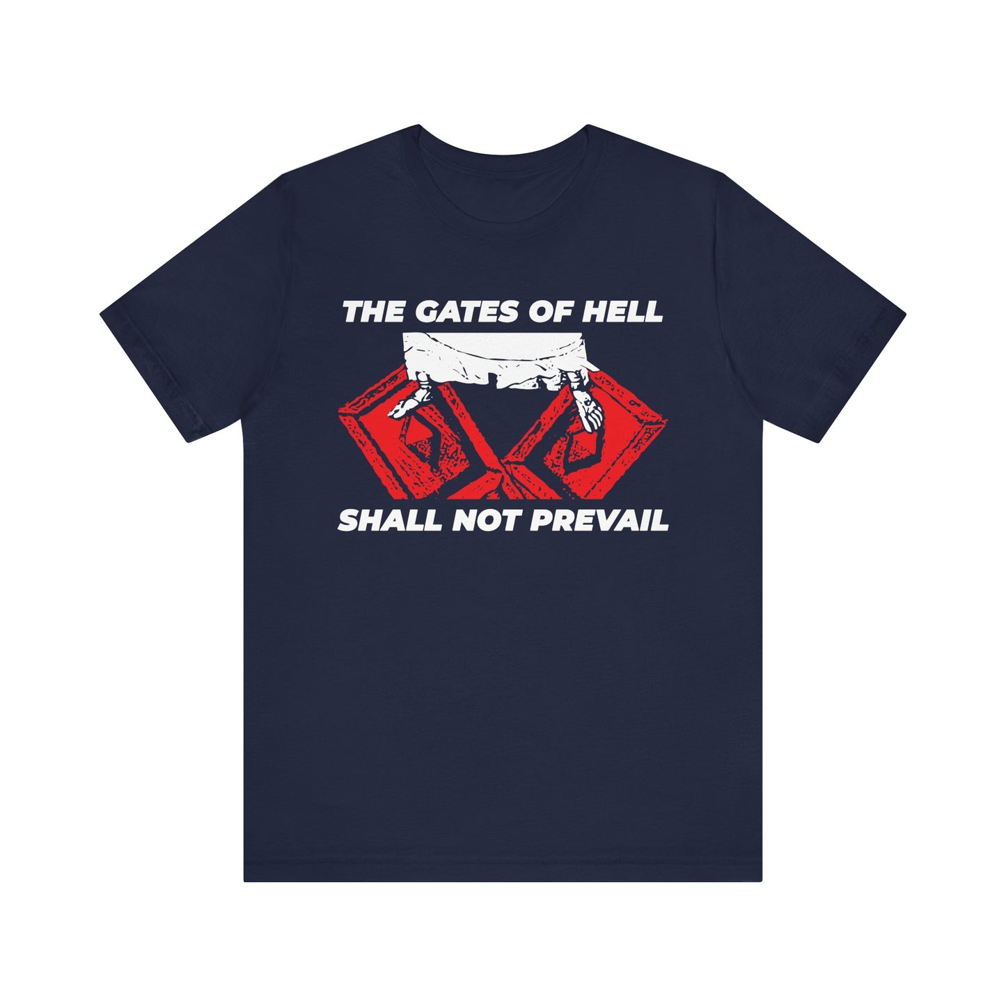 Navy "The Gates of Hell Shall Not Prevail" Orthodox Christian lightweight cotton unisex T-shirt, featuring Jesus’ feet trampling the gates of death iconographic design on the front—a bold testament to Christ’s victorious confession and a reminder that even the gates of hades cannot overcome the house of God.