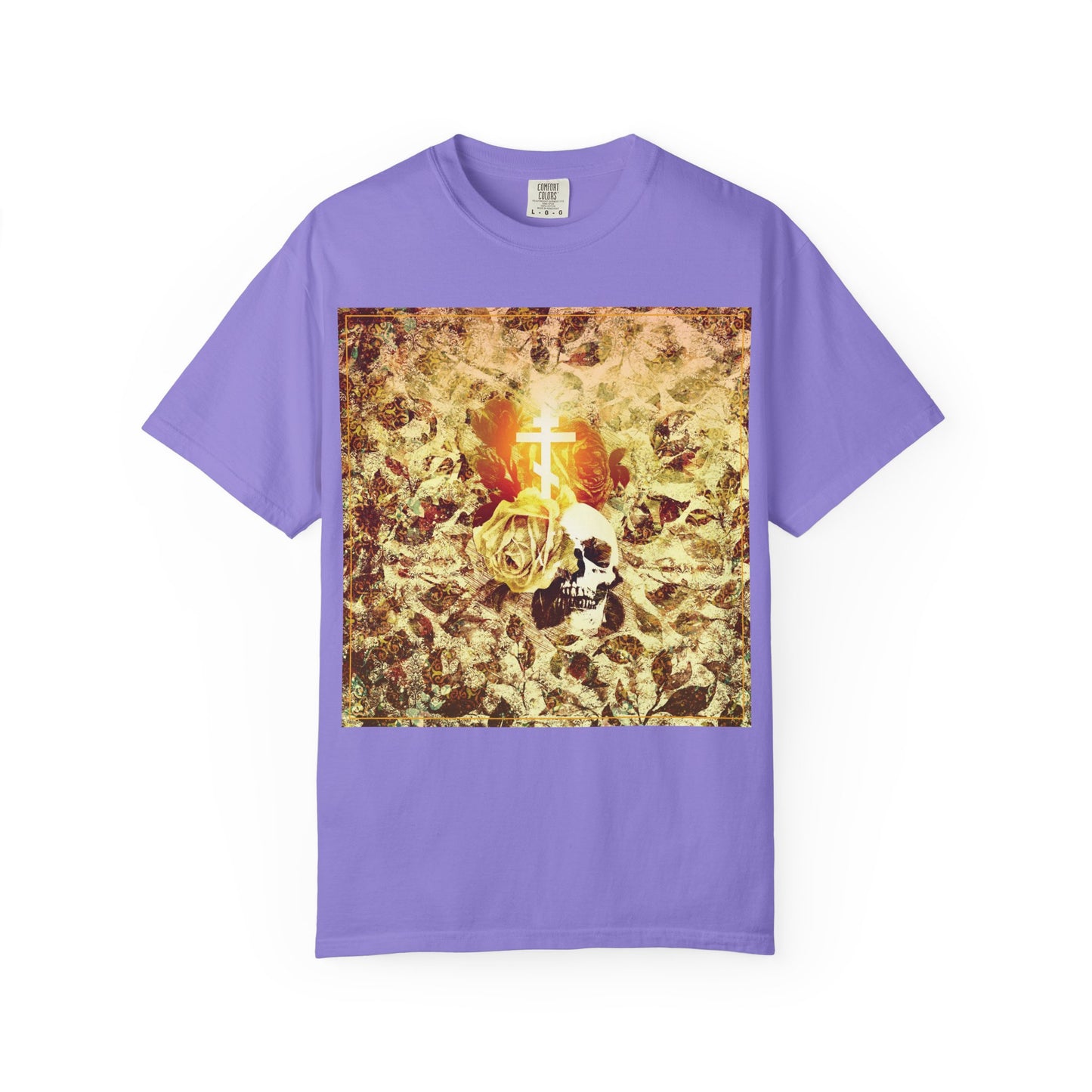 Violet Rose & Skull Glowing Orthodox Cross heavyweight cotton unisex tee, featuring a square graphic with a white cross, yellow rose, and skull over a gold textured background—blending gothic Christian aesthetic with the evocative imagery of Ezekiel’s valley of dry bones.
