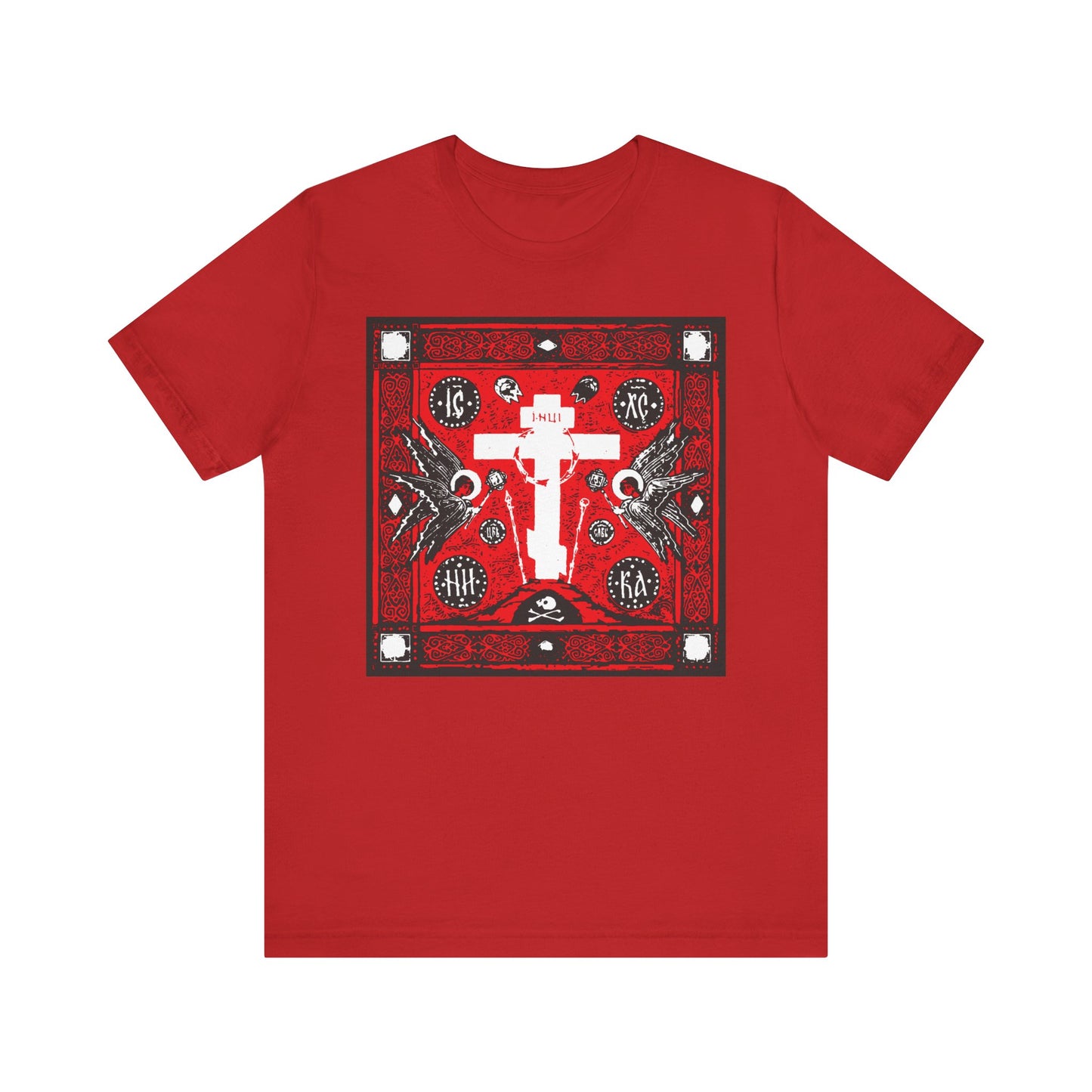 Striking red unisex t-shirt showcasing the "Adoration of Holy Cross IconoGraphic" design—a Russian cross with angels, ornate details, and bold red, white & black graphics. Lightweight cotton for comfort.