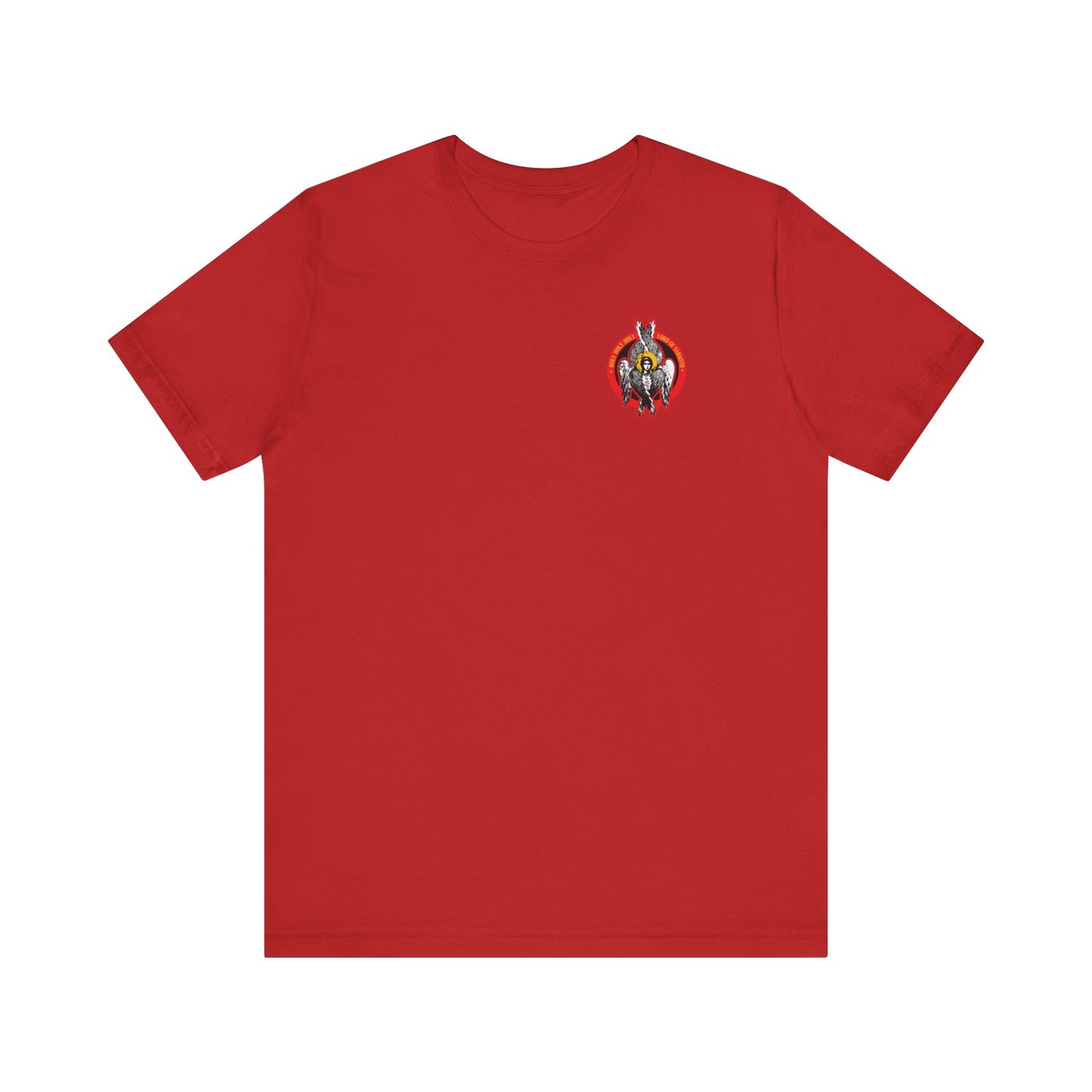 Red lightweight cotton unisex t-shirt featuring the Holy Holy Holy Seraphim Angel small icono-graphic design on the upper left chest, inspired by the Heavenly Hosts of God and Divine Council for a subtle Christian touch.