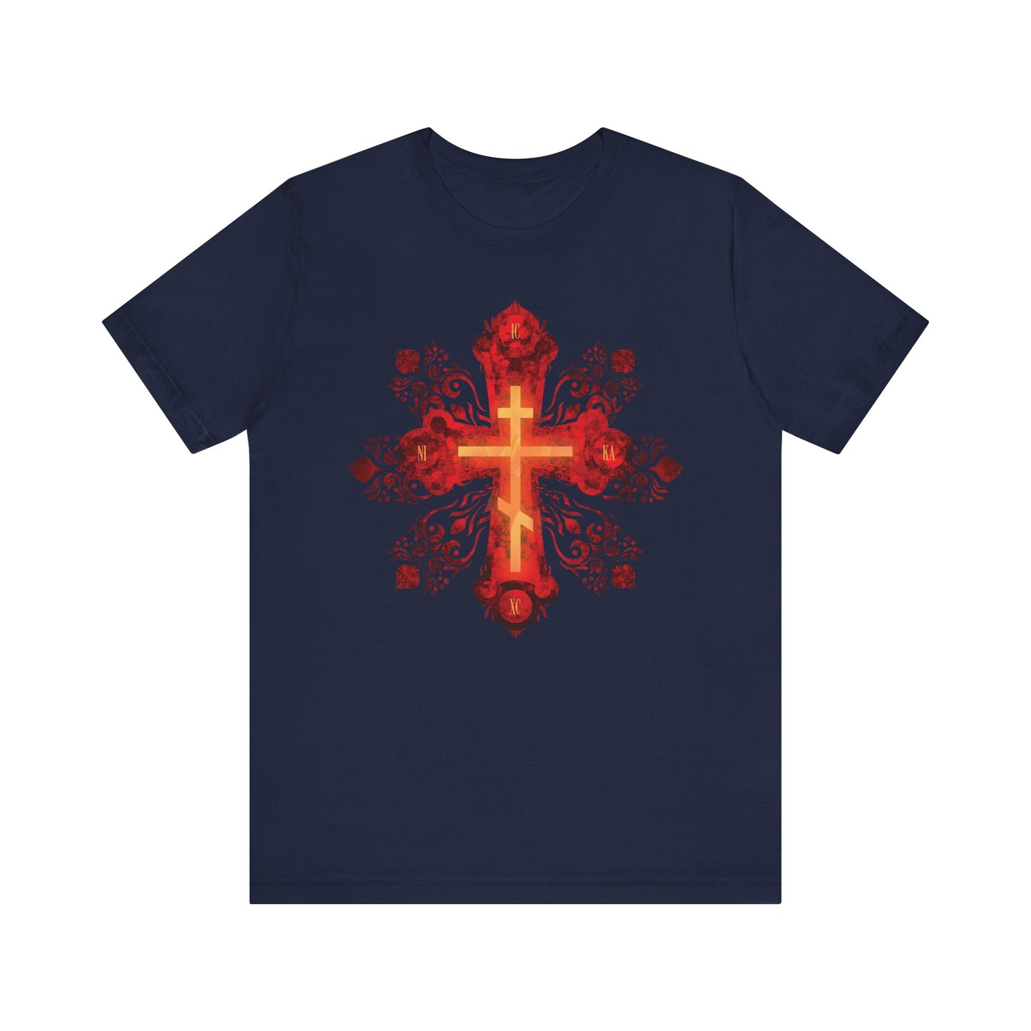 Navy tee featuring a red and gold ornate Russian-style Orthodox cross and “He was pierced for our transgressions,” celebrating the Christian journey. Lightweight cotton, unisex fit.