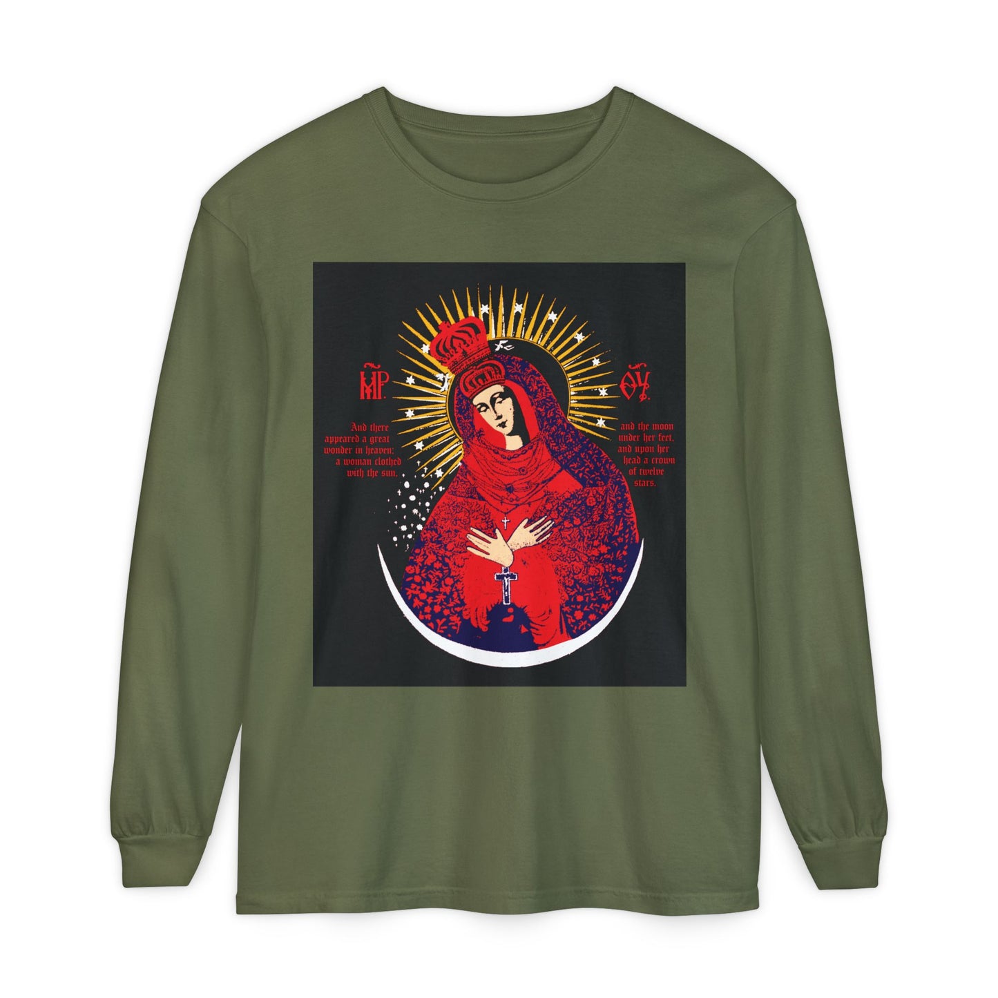 Hemp long-sleeve cotton shirt featuring a red, blue & gold graphic of Our Lady the Gate of Dawn, Theotokos crowned Woman of the Apocalypse, inspired by the revered Vilnius icon holding a goblet.