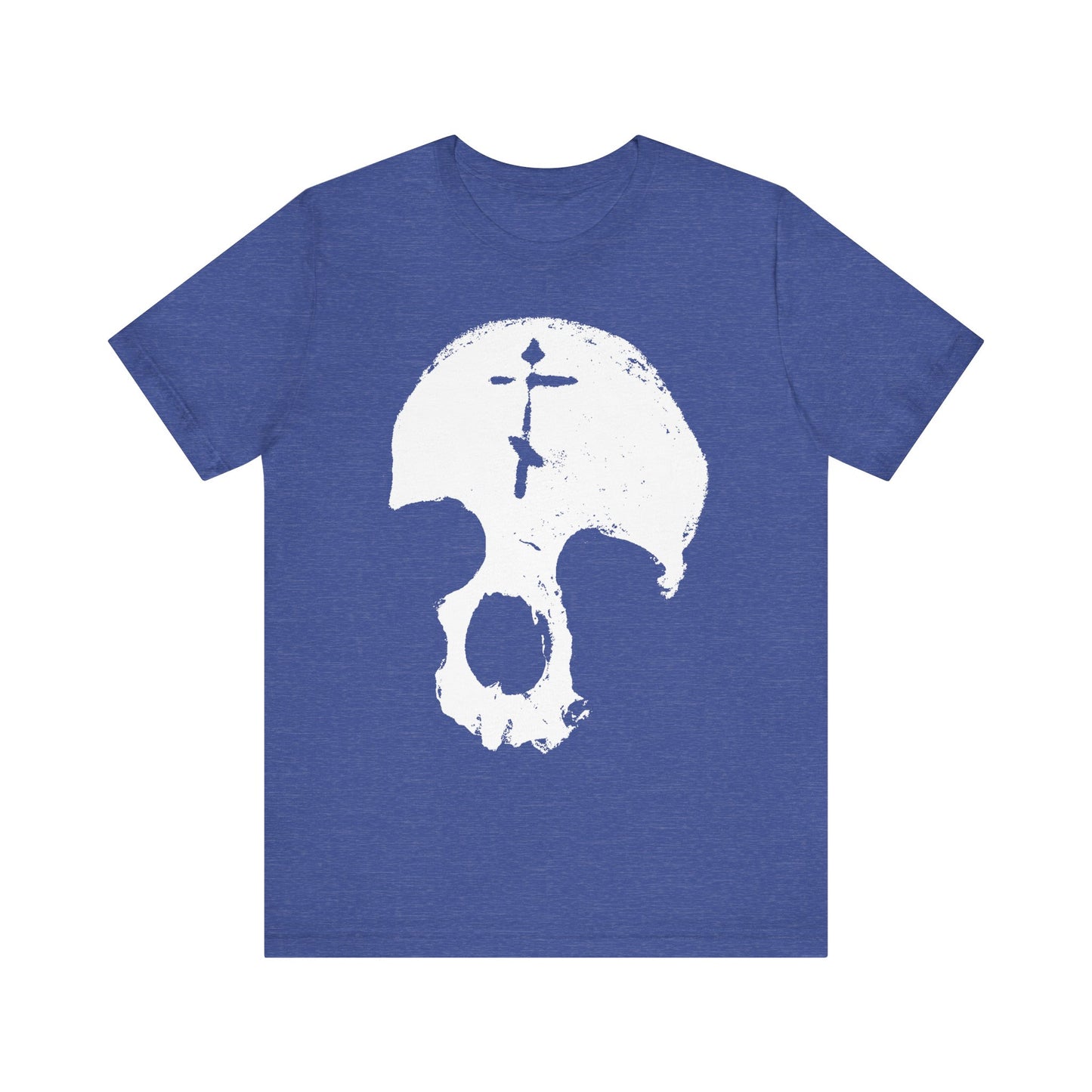 Heather True Royal t-shirt with a large white skull graphic featuring an Orthodox cross on the forehead, subtly alluding to themes of vanity and human glory as explored by St Ignatius Brianchaninov. Product name: "Skull With Orthodox Cross | Gothic Christian | All is Vanity | Remember You Will Die | Memento Mori | Lightweight Cotton Unisex Tee.