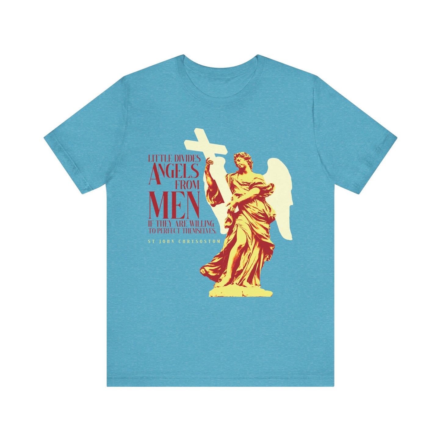 Heather Aqua lightweight cotton unisex tee featuring St John Chrysostom's quote: "Little divides angels from men if they are willing to perfect themselves." Orthodox Christian design.
