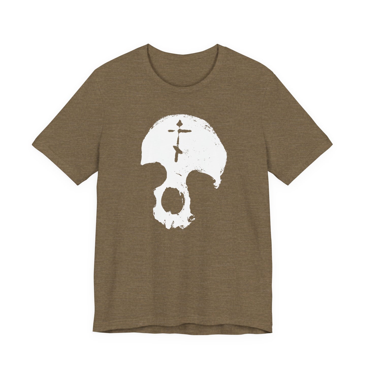 Heather Olive cotton unisex tee featuring a minimalist "Skull With Orthodox Cross" graphic—a gothic Christian reminder that all is vanity and to remember you will die (memento mori).