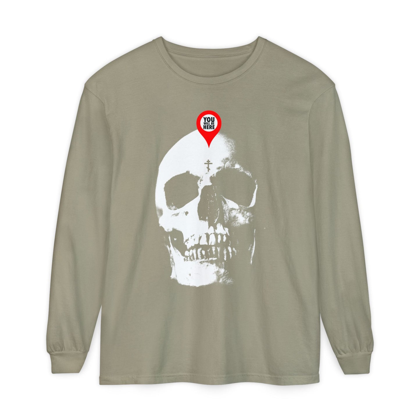 The sandstone Orthodox long sleeve features a large white skull with a red map marker on the forehead, inspired by "You Will Be Here," Memento Mori, and St. Ignatius Brianchaninov’s remembrance of death teachings.