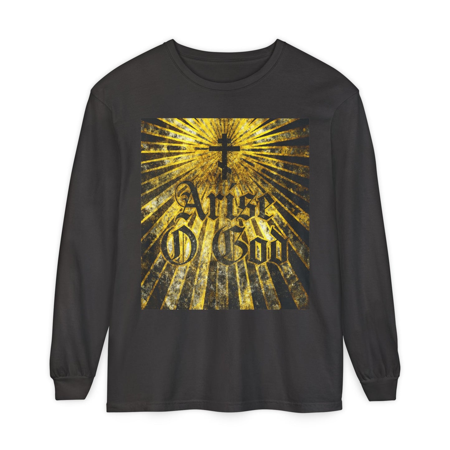 Graphite long-sleeve shirt featuring a textured gothic "Arise O God" with Orthodox cross and golden rays—an Orthodox Christian design inspired by Psalm 81 (82 LXX) and the divine council worldview.