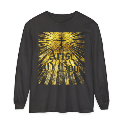 Graphite long-sleeve shirt featuring a textured gothic "Arise O God" with Orthodox cross and golden rays—an Orthodox Christian design inspired by Psalm 81 (82 LXX) and the divine council worldview.