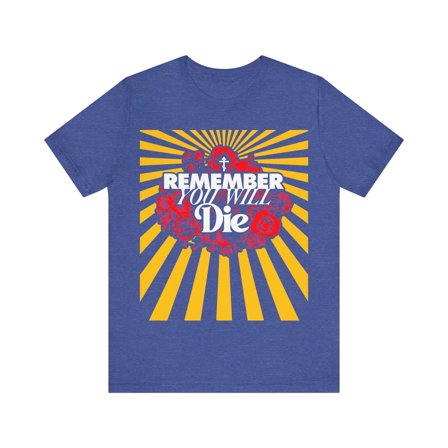 Remember You Will Die Red & Yellow Pop Art Design | Orthodox Cross | Memento Mori | Roses & Rays | Christian Lightweight Cotton Unisex Tee