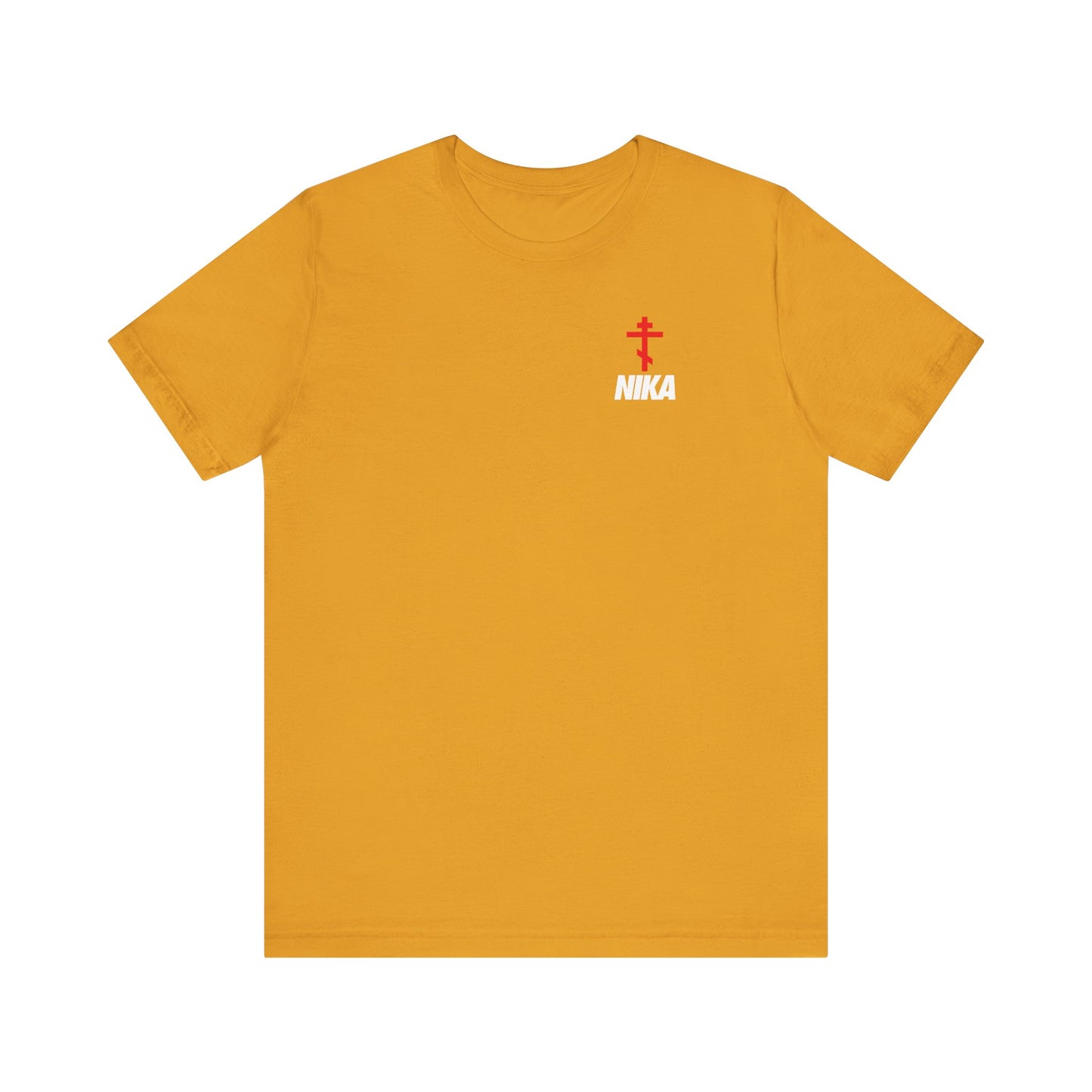 Mustard unisex tee with an Orthodox cross, bold NIKA text in a small NIKE mashup design—symbolizing "Jesus Christ Conquers." Christian lightweight cotton fashion.
