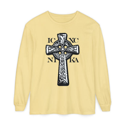 Butter long-sleeve shirt featuring a black and white ICXC NIKA Celtic Knotwork Cross on a red background, symbolizing "Jesus Christ Conquers" in Orthodox tradition.