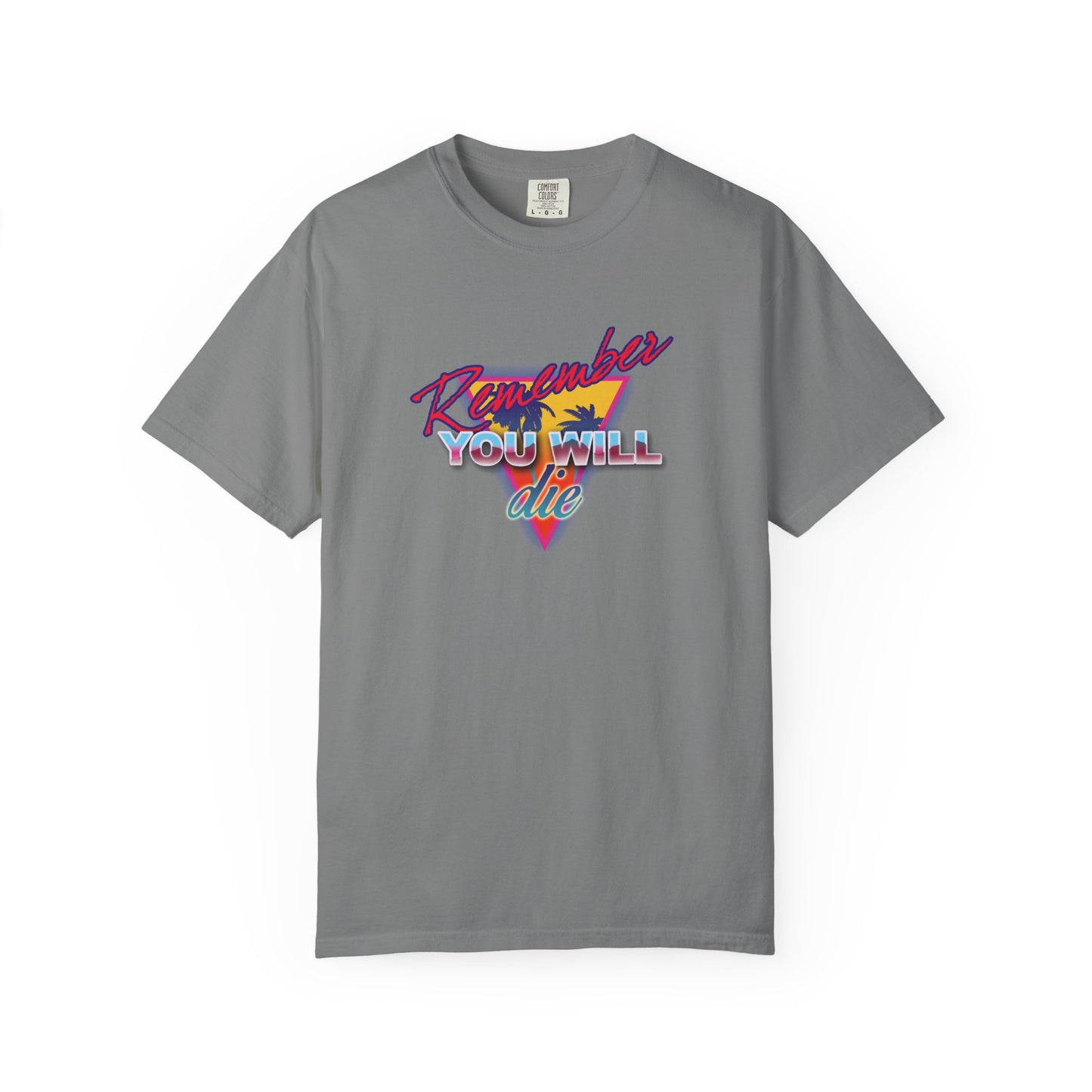 Grey heavyweight cotton unisex tee featuring 80s retro synthwave “Remember You Will Die” palm tree graphic—a modern memento mori nod to The Ladder of Divine Ascent by St. John Climacus.