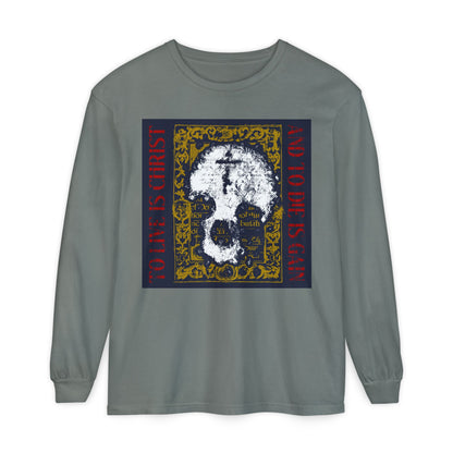 Grey long-sleeve shirt featuring a skull with cross on gold manuscript texture and the text "To Live is Christ, to Die is Gain" (Philippians 1:21). An Orthodox Christian design reflecting faith and new life in Christ.