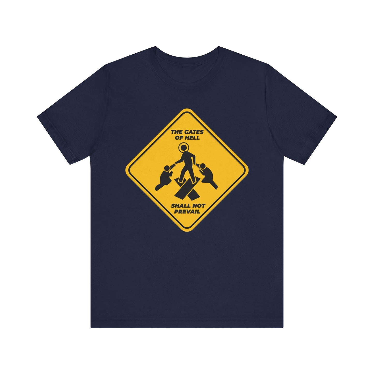 Navy lightweight cotton unisex tee featuring a yellow street sign with "The Gates of Hell Shall Not Prevail," inspired by the spirit of Pascha and St John Chrysostom. Minimalist icon design.