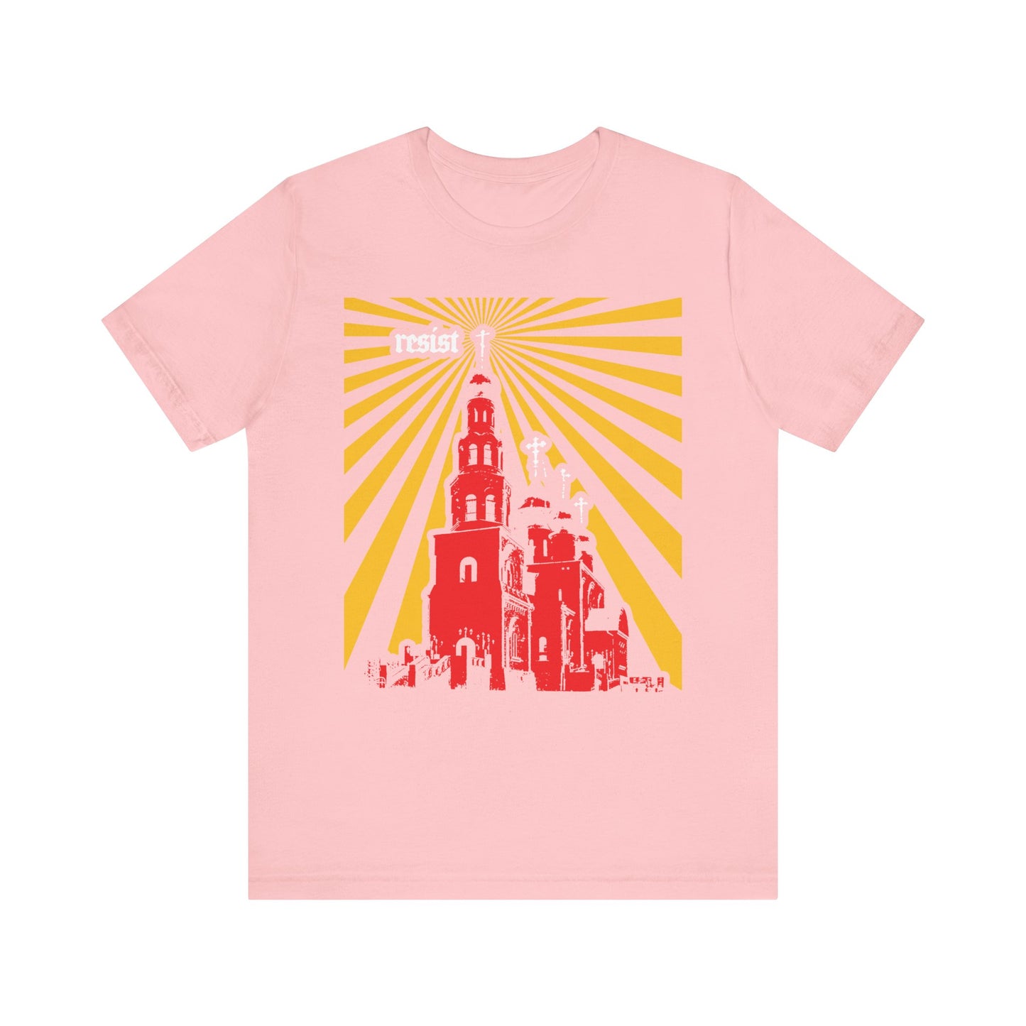 Introducing the "Resist (Orthodoxy Against the World)" lightweight cotton unisex tee in pink, featuring a bold red church graphic with radiant yellow sun rays and the word "resist" near the top left—an eye-catching statement inspired by St. Ignatius Brianchaninov and celebrating the Orthodox Church as a beacon against the spirit of the age and apostasy.
