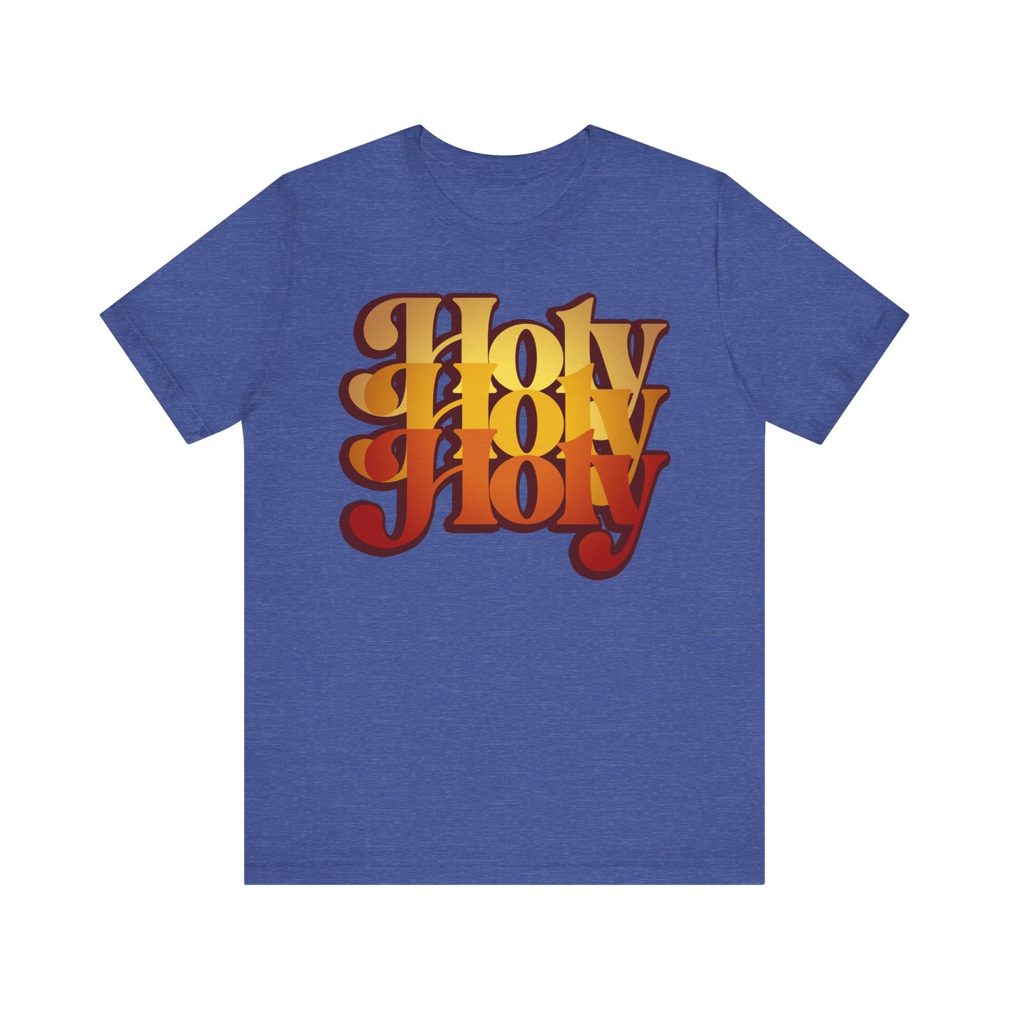 Heather True Royal tee with “Holy Holy Holy” in bold, 70s-inspired orange and yellow text. Features liturgical prayer from Isaiah 6, inspired by Cherubim & Seraphim. Lightweight unisex cotton shirt.