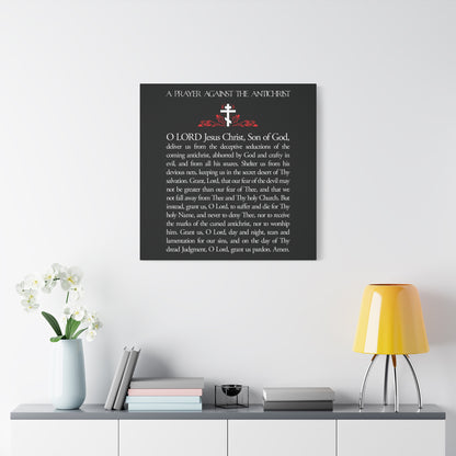 A modern living room with a white table, yellow lamp, flowers, and "Prayer Against the Antichrist By Elder Anatoly the Younger of Optina | Christ is King | Orthodox Christian Wall Art" on the wall.
