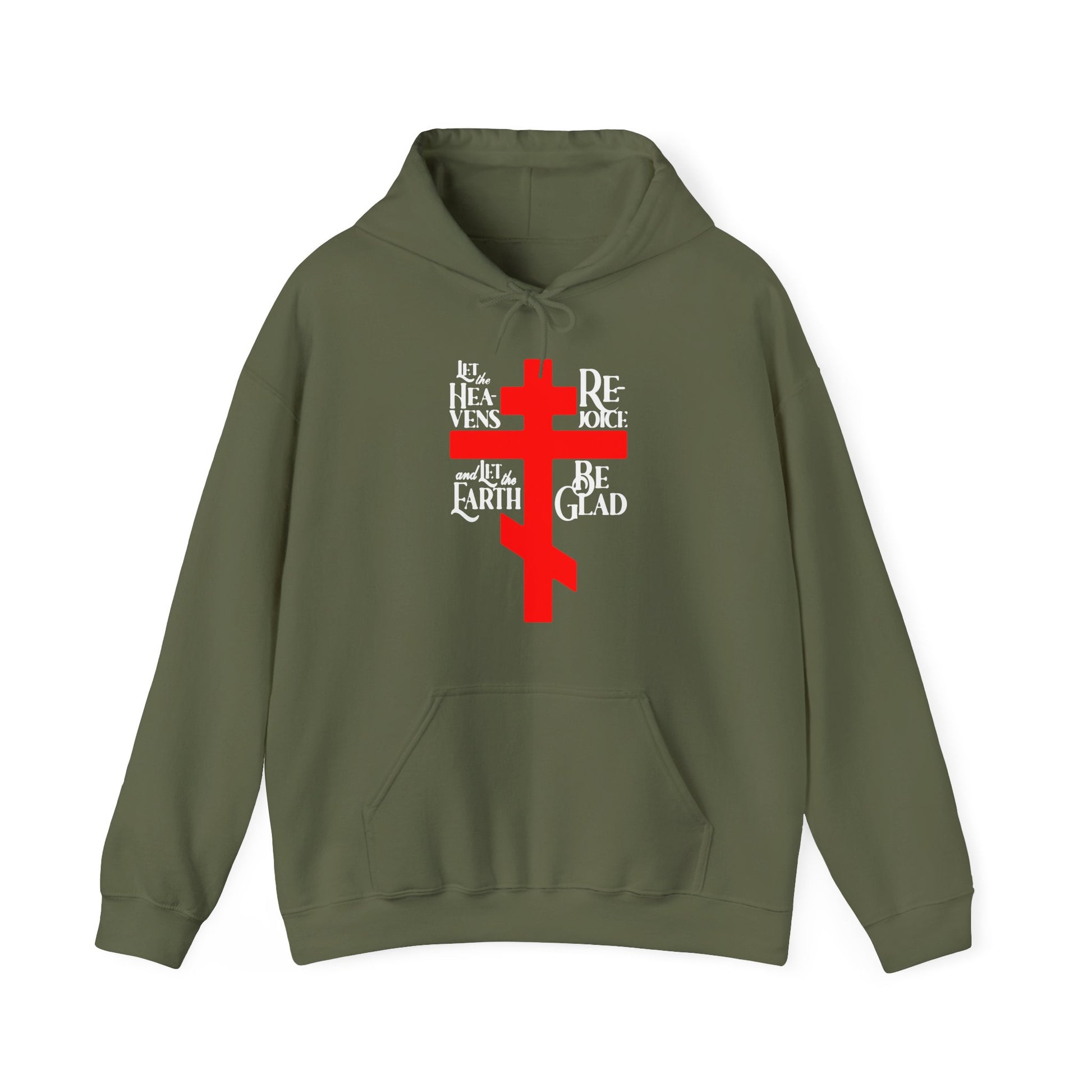 The "Let the Heavens Rejoice" Orthodox Christian hoodie by Remembrance of Death features an olive green color, bold red Russian cross, and white text from Psalm 96—an inspiring reminder of faith and the promise of Heaven.