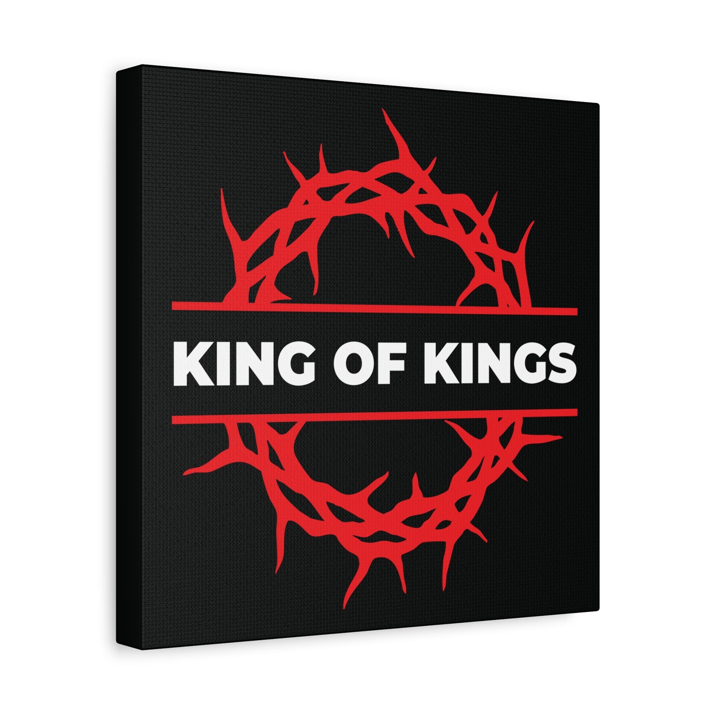 A striking black canvas featuring a red crown of thorns and bold white "KING OF KINGS" text, inspired by Revelation 19:16. From the King of Kings Crown of Thorns | The King of Glory | Christ is King canvas art collection.