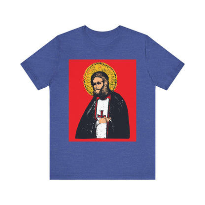 Heather True Royal unisex tee with St. Seraphim of Sarov iconographic design, inspired by the "True Aim of Christian Life is Acquisition of the Holy Spirit." Lightweight cotton, Orthodox 2-sided print.
