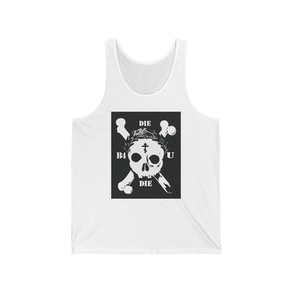 White "Die Before You Die" tank top featuring a retro skull & crossbones, Orthodox Cross, laurel wreath, and "Memento Mori"—an ascetic Christian reminder inspired by Matthew 16:24-25.