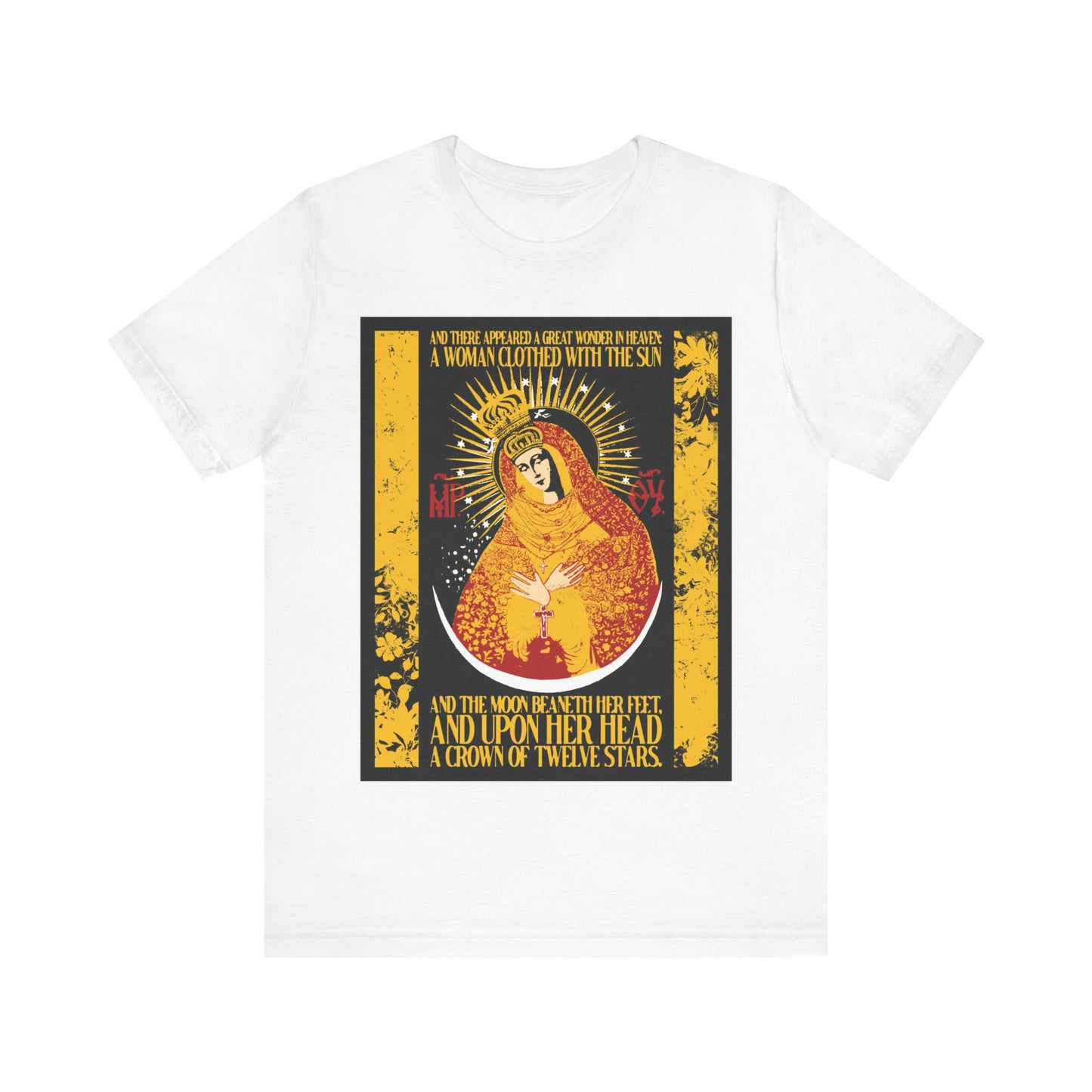 Our Lady the Gate of Dawn | Woman of the Apocalypse Rev 12:1 | Theotokos Gold Floral Texture Design | Orthodox Christian Cotton T-Shirt