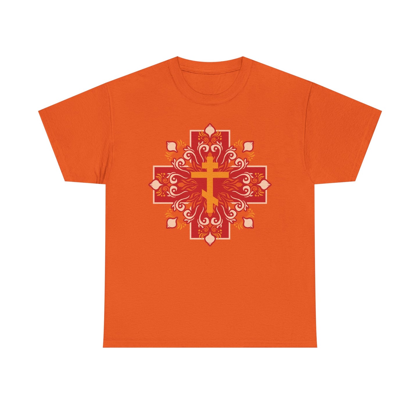 Orange Orthodox Christian t-shirt features a colorful festive red cross design with floral accents and "By His Wounds You Have Been Healed" (1 Peter 2:24)—a meaningful symbol of Christ’s sacrifice.