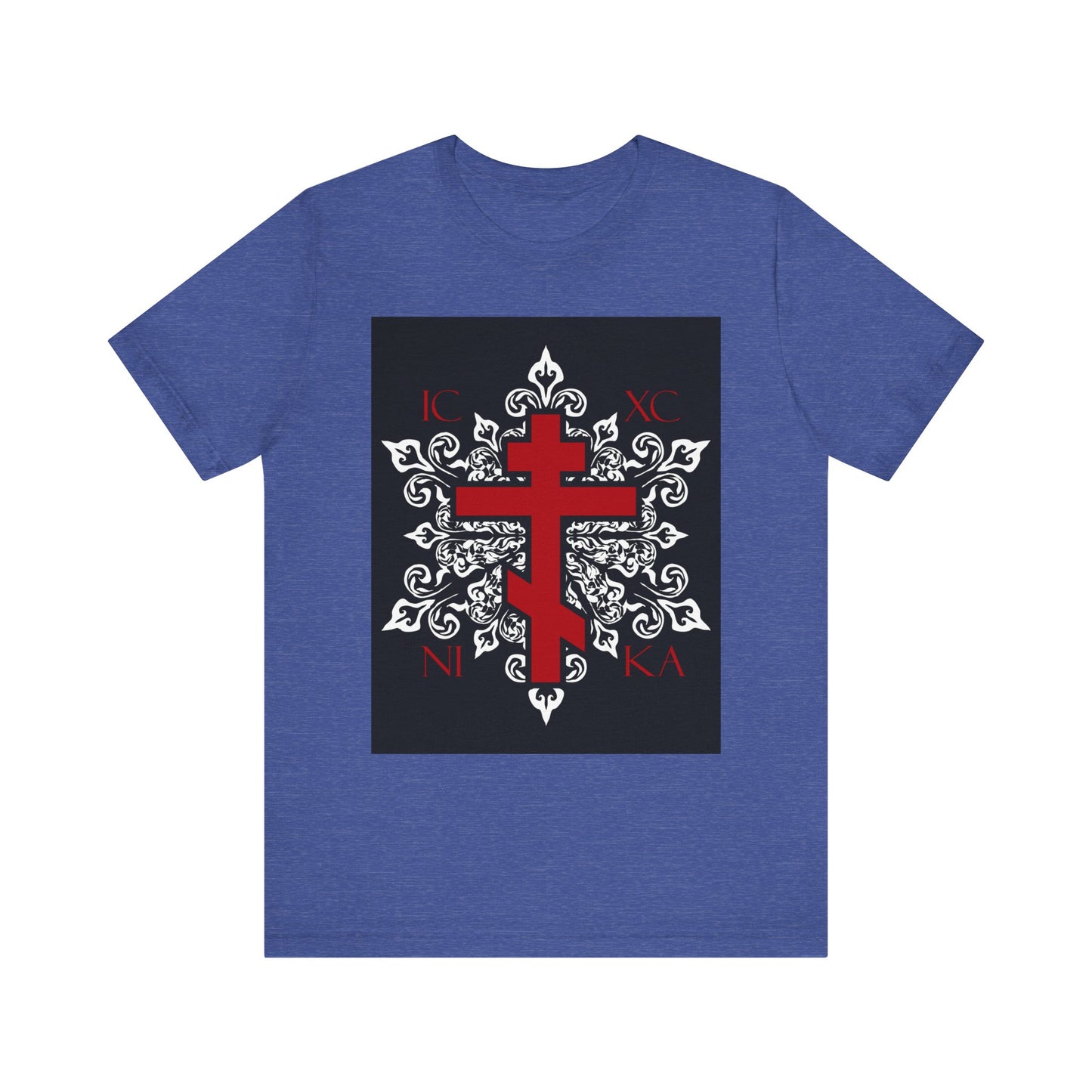 The ICXC / NIKA Red Orthodox Cross on Ornate White Medieval Floral Design tee features a bold red cross, IC XC NI KA text, and floral motifs on a Heather True Royal unisex lightweight cotton shirt.