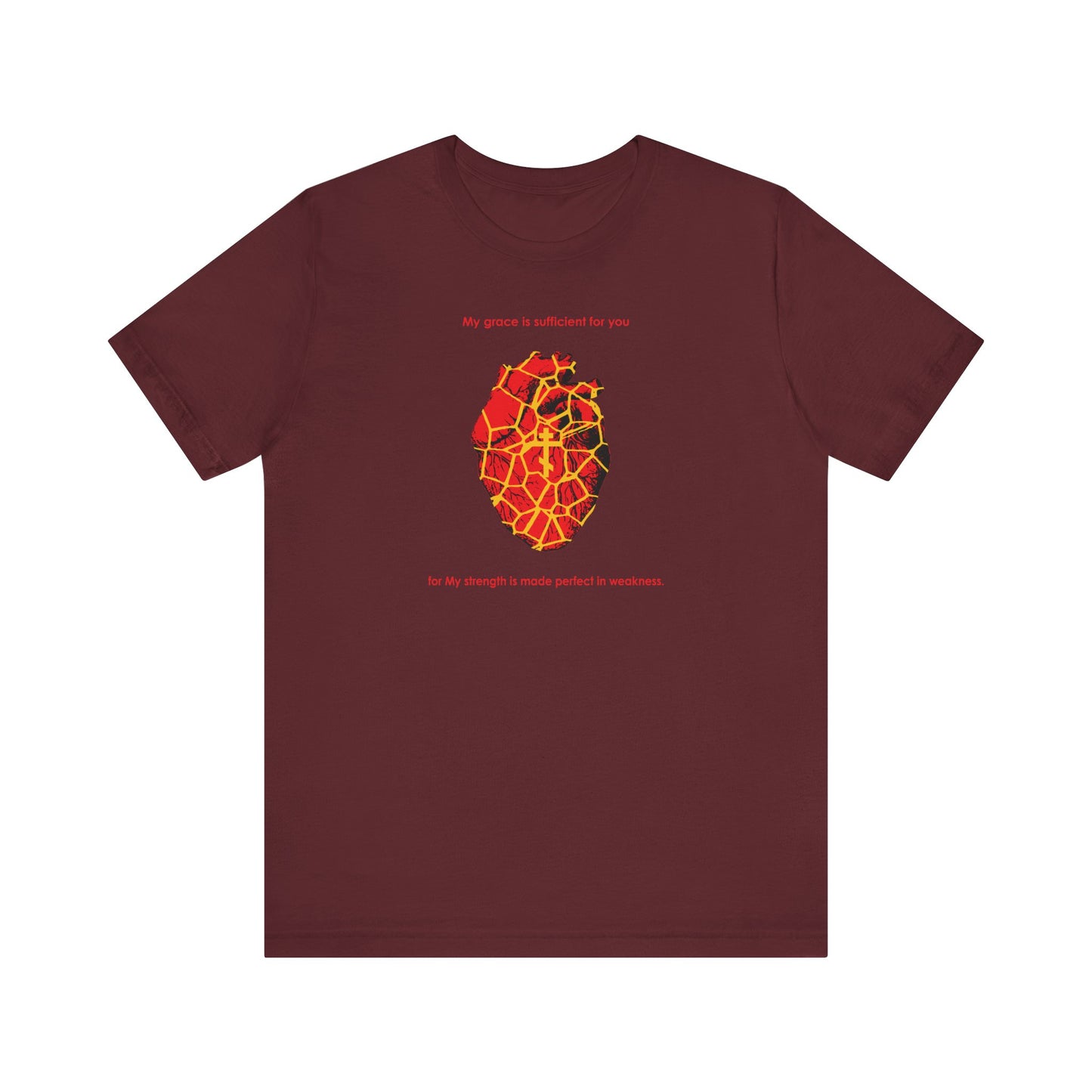My Strength is Made Perfect in Weakness (2 Cor 12:9) | Kintsugi Style Golden Broken Heart | Orthodox Cross | Lightweight Cotton Unisex Tee