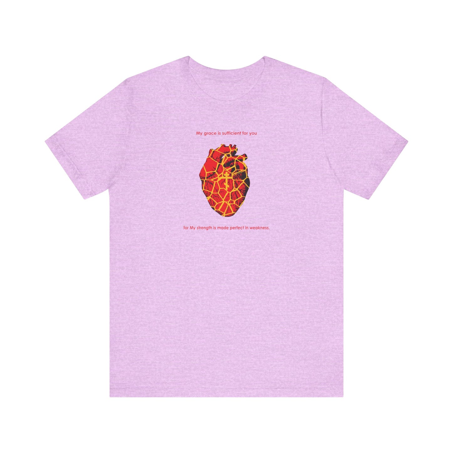 Heather Prism Lilac tee featuring a red, gold-veined Kintsugi heart, Orthodox cross, and "My Strength is Made Perfect in Weakness" (2 Cor 12:9) text. Lightweight cotton unisex fit.