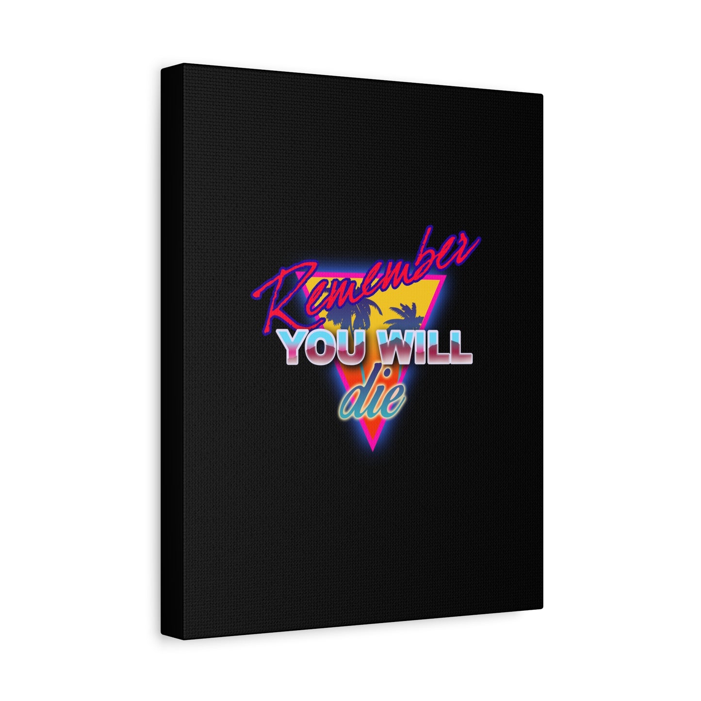 The "Remember You Will Die Palm Tree 80s Retro Synthwave Style" canvas features neon Memento Mori text over a colorful triangle and palm trees, nodding to St. John Climacus’ Ladder of Divine Ascent—nostalgic Orthodox Christian wall art.
