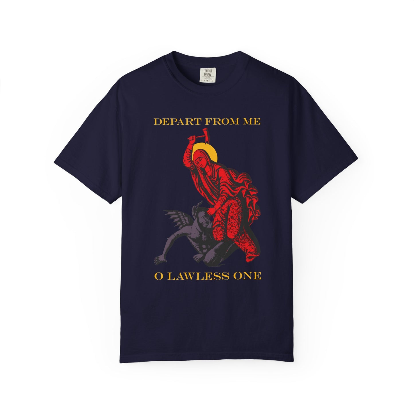 True Navy heavyweight cotton unisex t-shirt featuring St Marina iconography: Saint beating the devil with a hammer, yellow “DEPART FROM ME O LAWLESS ONE” text, honoring her strength.