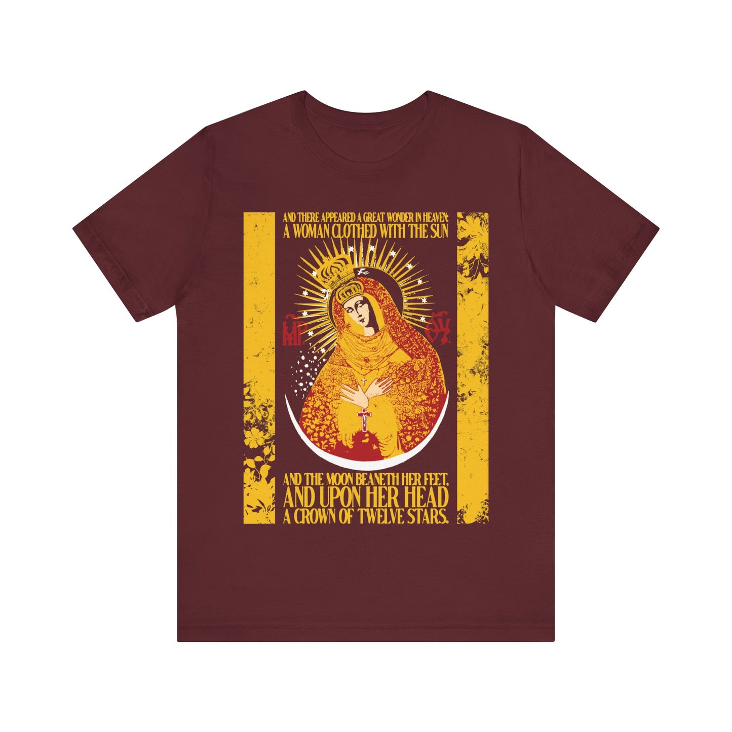 Our Lady the Gate of Dawn | Woman of the Apocalypse Rev 12:1 | Theotokos Gold Floral Texture Design | Orthodox Christian Cotton T-Shirt