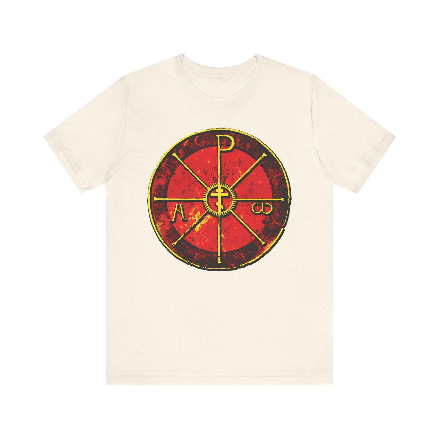 Natural cotton t-shirt featuring a red and yellow Chi Rho with Greek Α, Ω, and P, inspired by the Chrismon of Saint Ambrose at the Duomo di Milan. Alpha & Omega Chi Rho Orthodox Cross - "In This Sign Ye Shall Conquer.