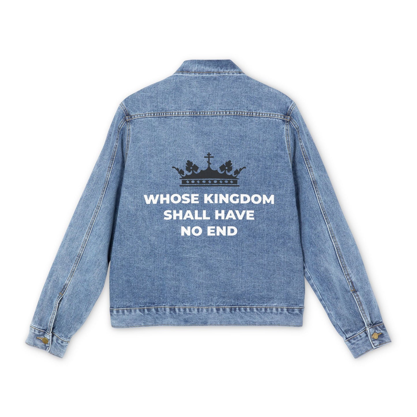 The “Whose Kingdom Shall Have No End” Christian Jean Jacket in medium denim wash features a black crown, a red Orthodox cross, and the Nicene Creed phrase on the back—symbolizing Christ’s eternal kingship and eschatological hope.