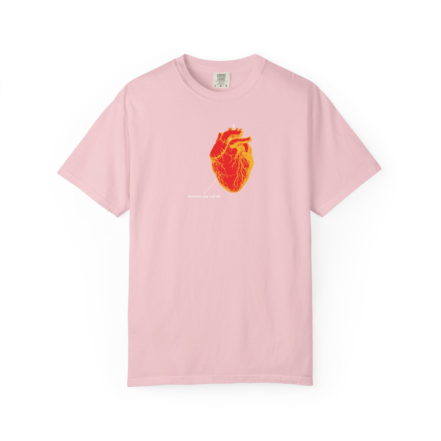 Blossom pink heavyweight cotton tee featuring a red and orange antique medical heart design and "Remember You Will Die" Memento Mori theme. Unisex, inspired by orthodox styles.