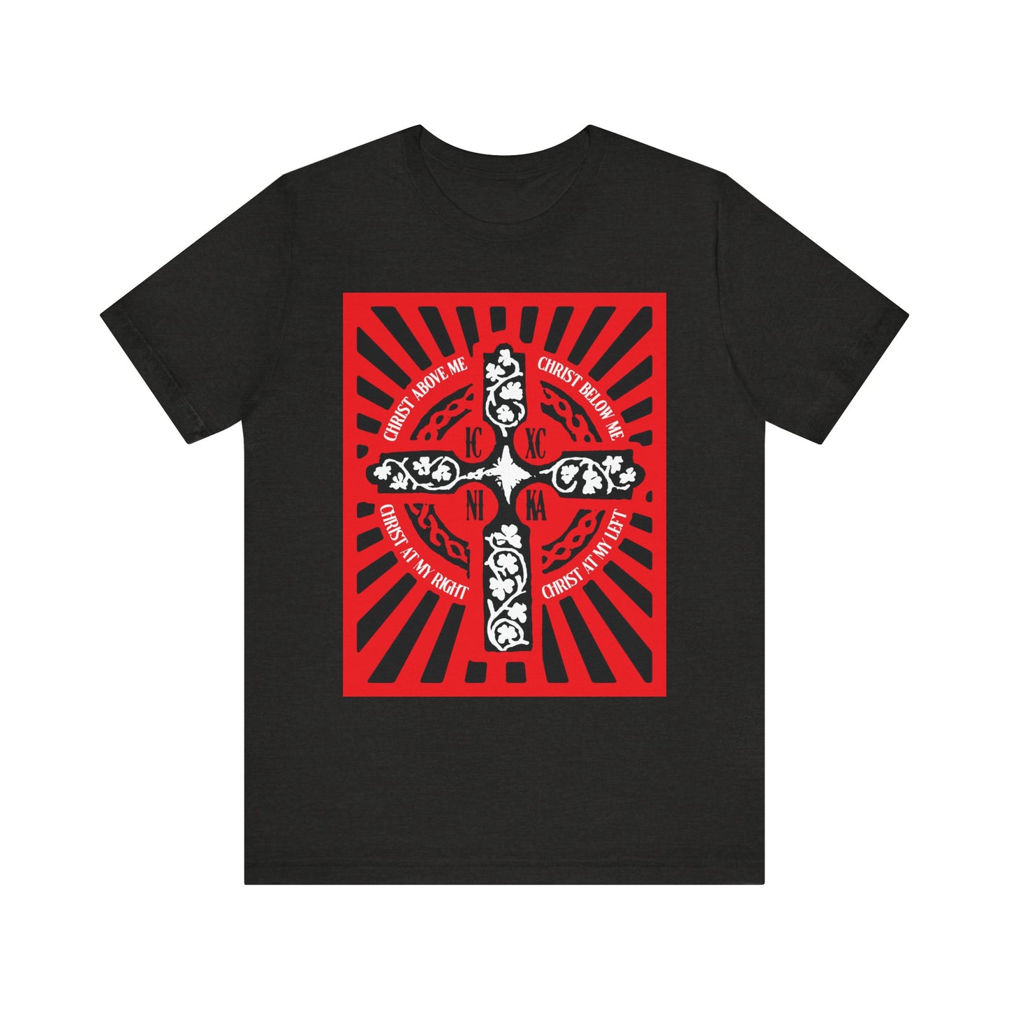 Certainly! Here’s your rewritten sentence using the given product data: Black Heather "Red ICXC NIKA Enniskillen Celtic Cross" unisex tee featuring a vivid red and white Orthodox cross graphic with radiating lines, inspired by the Lorica of St. Patrick and a Shield Prayer, reflecting the spirit of Orthodox Christian devotion.