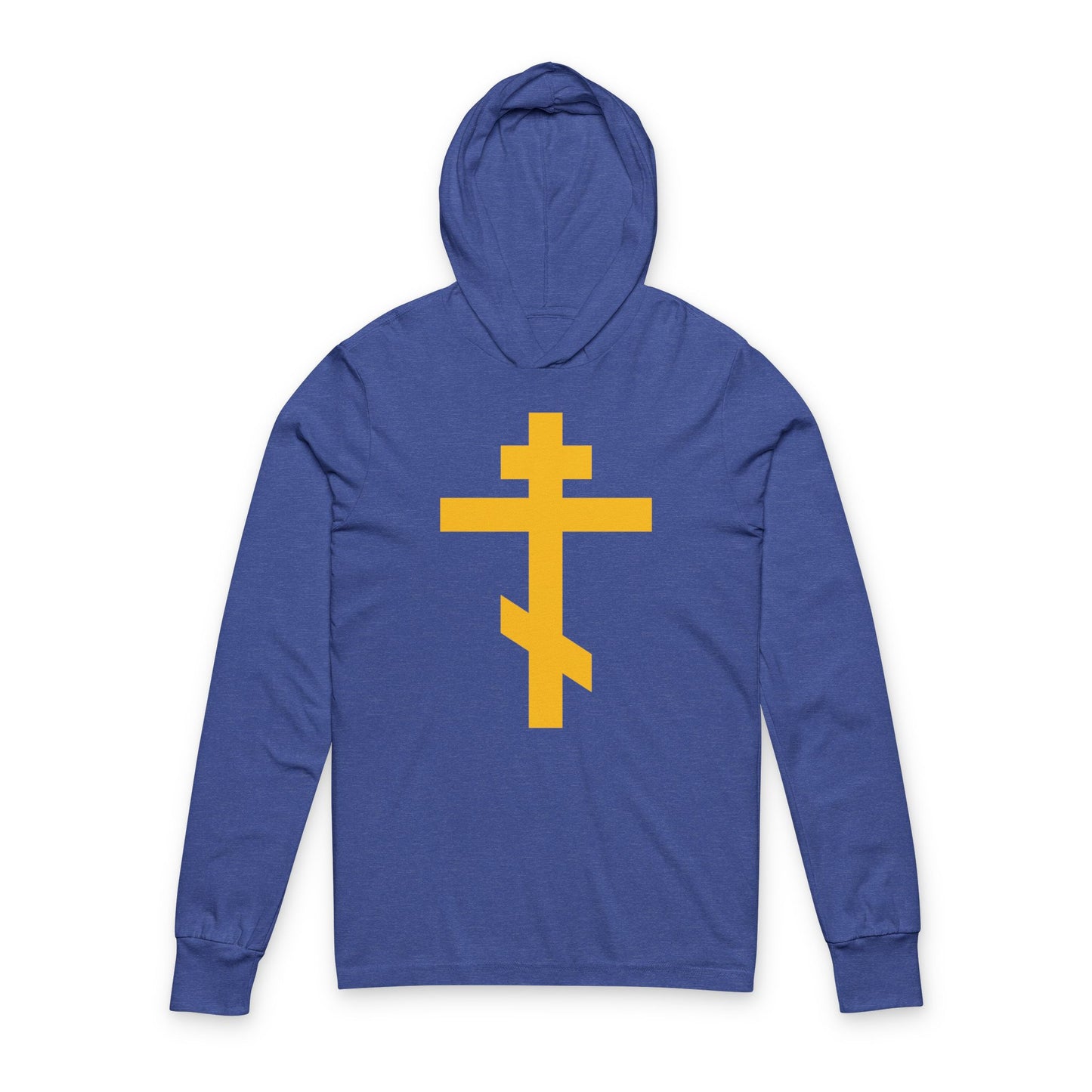 Heather True Royal cotton hoodie featuring a large yellow Orthodox cross design, inspired by Galatians 2:20—"Precious and Life-Giving Weapon of Unseen Warfare" and "Scourge of Demons.