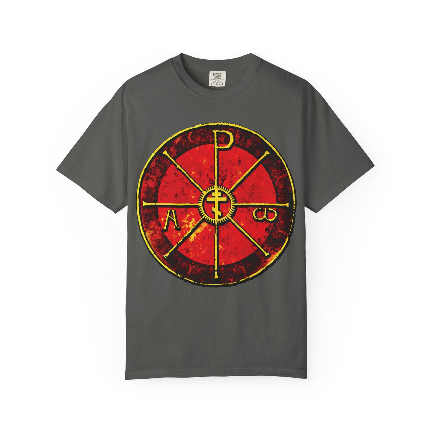 Pepper-colored heavyweight cotton t-shirt featuring a bold red and yellow circular Chi Rho Christogram with Greek letters, inspired by early Christian symbols and the Alpha & Omega Orthodox Cross.
