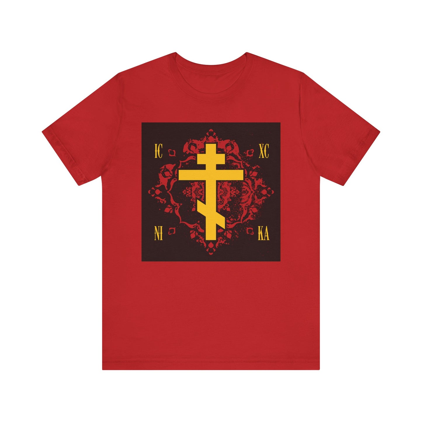 ICXC NIKA Yellow Orthodox Cross on Ornate Red Background Design lightweight cotton unisex t-shirt in red, featuring a prominent yellow Orthodox cross symbolizing the grace of sonship, gold Greek lettering referencing St Kosmas Aitolos, and an eye-catching ornate red and black patterned background.